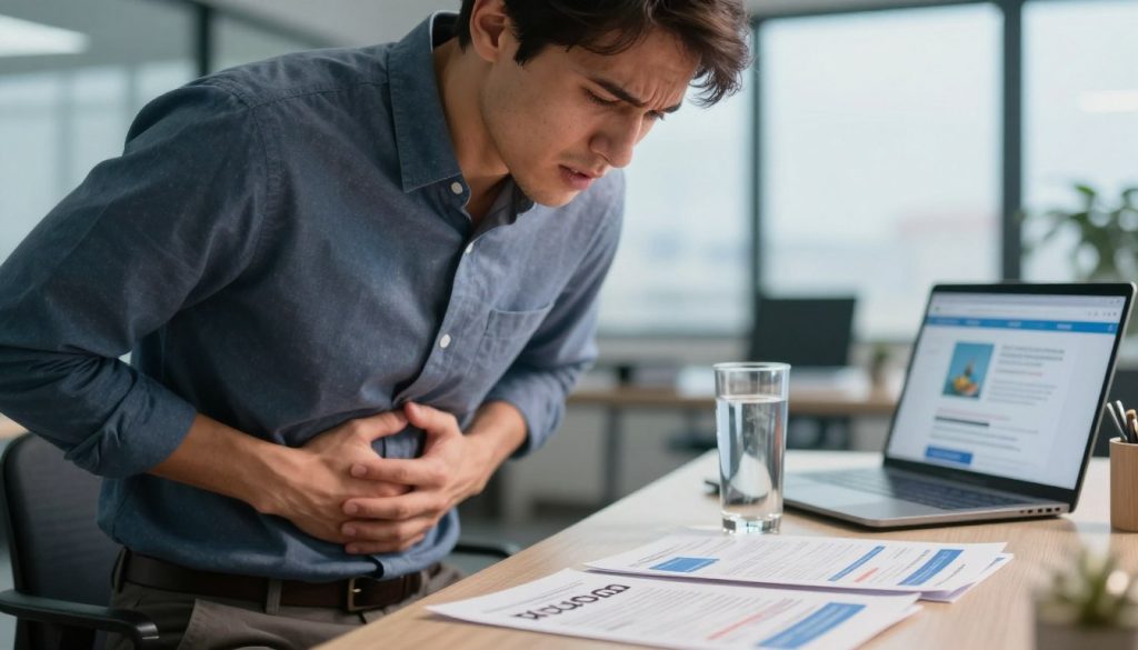 A close-up view of an anxious business professional in a modern office setting, clutching their stomach in discomfort, showcasing urgent stomach warning signs. In the foreground, the person's expression reflects concern, dressed in smart casual attire. The middle layer features a cluttered desk with urgent medical pamphlets, a glass of water, and a laptop showing a health website, hinting at the need for immediate action. The background reveals a softly focused office environment with large windows letting in natural light, creating an atmosphere of urgency and seriousness. Use soft shadows and warm lighting to enhance the emotional weight of the scene, emphasizing the importance of recognizing bodily signals that require attention. Aim for a professional yet relatable representation.