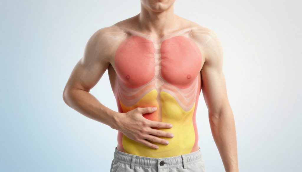 A detailed anatomical illustration of torso pain areas, featuring a human figure wearing modest casual clothing. The foreground displays distinct, highlighted areas of discomfort on the chest, back, and abdomen using color-coded markers—red for severe pain, yellow for mild discomfort. In the middle ground, a transparent overlay outlines the torso while labeling pain zones clearly, ensuring clarity in representation. The background is a soft gradient, shifting from light blue to white, creating a calming atmosphere. Soft, diffused lighting enhances visibility without harsh shadows, and the perspective is slightly angled to provide a three-dimensional view. The mood is informative and professional, ideal for a healthcare context, focusing on education and awareness.