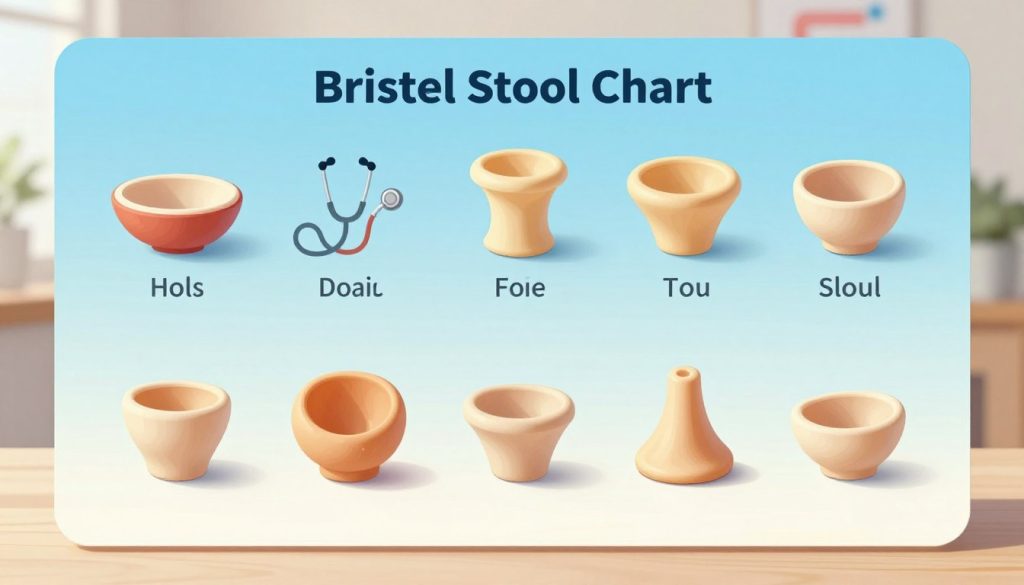 A detailed illustration of the Bristol Stool Chart, featuring all seven stool types laid out in an organized, educational format. Each type is colorful and clearly defined, with a smooth gradient background that transitions from light blue at the top to soft white at the bottom, adding a serene touch. The chart is depicted in a well-lit setting, with natural light casting gentle shadows that enhance the 3D appearance of the stool samples. The foreground should focus on the stool types, while the middle ground can have subtle medical icons like a stethoscope or a digestive system, maintaining relevance without clutter. The atmosphere is professional and informative, suited for a health-related context while promoting understanding and awareness of digestive health.