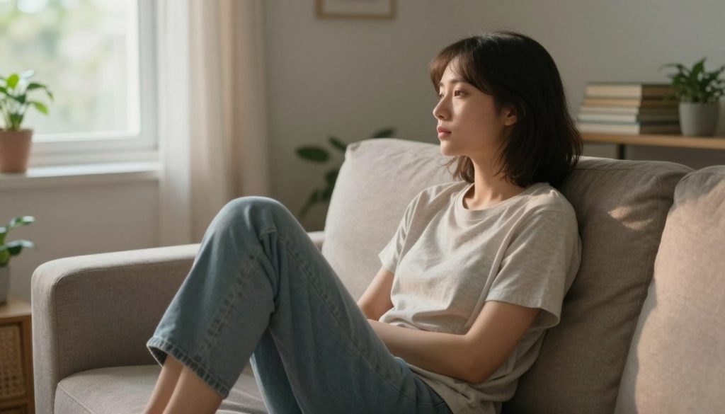 A peaceful, softly-lit scene depicting a person sitting on a comfortable sofa in a cozy living room, appearing reflective yet tired. The individual, dressed in modest casual clothing, has a serene expression, looking out a window with gentle sunlight filtering in, creating a warm ambiance. In the background, a few houseplants and a stack of books convey a sense of comfort and introspection. The color palette is soft and muted, with pastel tones enhancing the mood of quiet contemplation. The angle is slightly tilted, capturing both the individual and the view outside, emphasizing a feeling of isolation and fatigue. The overall atmosphere should evoke empathy while illustrating the impact of Chronic Fatigue Syndrome.