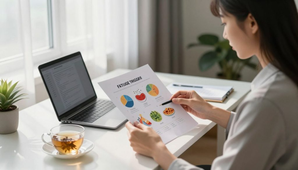 A serene and focused individual seated at a sleek desk in a well-lit office space, surrounded by tasteful decor. In the foreground, the person, dressed in professional business attire, examines a colorful chart depicting various fatigue triggers, such as sleep, stress, and diet. The middle layer features a laptop open with notes and a cup of herbal tea, symbolizing relaxation and reflection. The background displays a window with soft morning light filtering through sheer curtains, casting gentle shadows and creating a calm atmosphere. The overall mood is introspective and enlightening, emphasizing the process of self-discovery and assessment of personal fatigue triggers in a peaceful, professional setting.