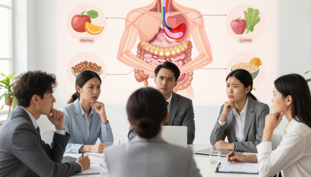 A serene and informative composition focused on digestive health signals. In the foreground, a diverse group of individuals (wearing professional business attire) engaged in a thoughtful discussion, displaying expressions of concern and attentiveness. In the middle ground, a clear illustration of the digestive system anatomy, with highlighted areas showcasing key signals such as discomfort, bloating, and distress through glowing lines or color changes. The background features a soft, calming color palette with abstract representations of healthy foods—fruits, vegetables, and whole grains—scattered naturally. Bright, even lighting illuminates the scene, creating a sense of clarity and focus. The atmosphere should evoke a feeling of reassurance and empowerment, encouraging proactive health awareness.