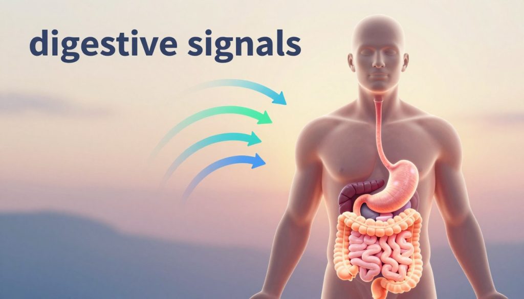 A serene and informative illustration depicting the theme of "digestive signals." In the foreground, a human silhouette with a glowing, intricately detailed digestive system, showing organs like the stomach and intestines illuminated with vibrant colors to symbolize activity and communication. In the middle, abstract representations of various signals, such as wavy lines and arrows in soothing blues and greens, suggesting the flow of information from the body. In the background, a calm, blurred gradient of soft pastels, evoking a sense of tranquility and awareness. The lighting is warm and inviting, emphasizing the focus on the body’s internal signals. The overall mood is one of enlightenment and understanding, inviting the viewer to reflect on the body's messaging system.