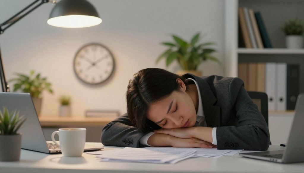 A serene, softly lit scene in an office environment, depicting the signs of fatigue. In the foreground, a professional-looking person in smart casual attire, resting their head on a desk cluttered with papers and an empty coffee cup, shows the physical signs of exhaustion. Their eyes are closed, and a subtle expression of stress appears on their face. In the middle ground, a clock shows late hours, and a flickering overhead light casts a warm glow, enhancing the mood of weariness. The background features shelves with books and a lush plant, symbolizing a need for rejuvenation. The overall atmosphere is contemplative, illustrating the quiet struggle of recognizing the need for rest and self-care. Soft focus on the edges to highlight the subject's fatigue without distractions.