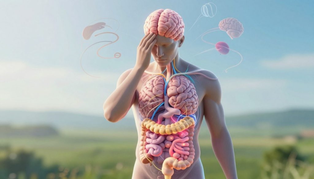 A surreal visualization of the gut-brain connection illustrating stress and anxiety. In the foreground, an anatomically accurate human silhouette depicts the brain and gut highlighted in vibrant colors, showing interconnected pathways like nerve fibers glowing softly. The mid-ground features ethereal illustrations of swirling stress indicators, such as chaotic lines and muted colors symbolizing anxiety. The background presents a serene environment, like a calm landscape with soft gradients of blue and green, suggesting peace. Bright natural lighting enhances the connection points, while a shallow depth of field focuses on the gut-brain connection, creating a meditative atmosphere. Overall, the image should evoke a sense of understanding and balance between the gut and brain amidst stress.