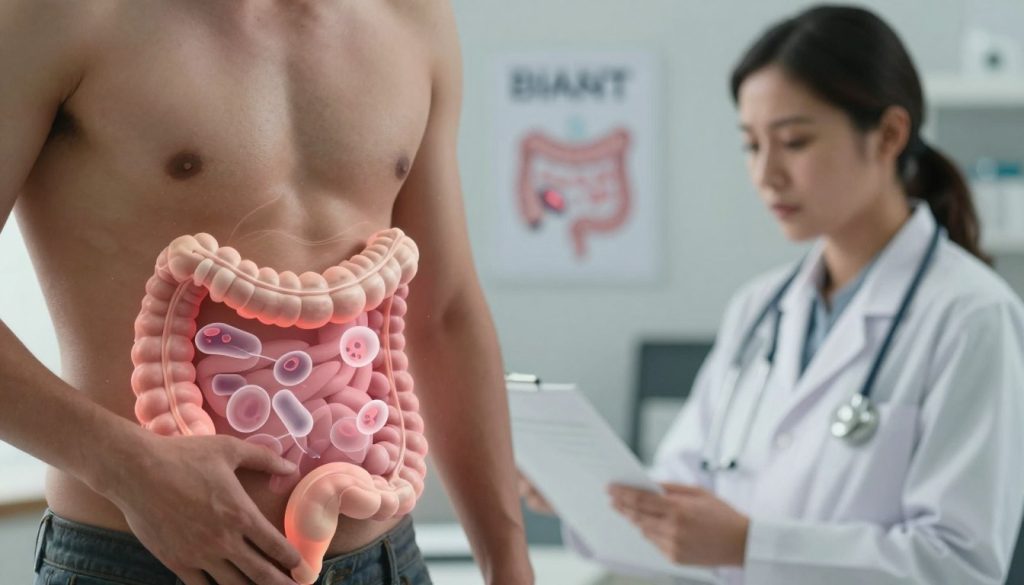 A visually engaging depiction of gut dysfunction signs, focusing on muted colors to convey a sense of concern. In the foreground, a close-up of a human abdomen is shown, with subtle highlights to indicate bloating and discomfort. Superimposed over the abdomen are abstract representations of immune system reactions, such as faint illustrations of white blood cells and inflammation in soft hues, symbolizing the underlying connection to gut health. The middle ground features a health professional in modest, professional attire examining a chart that displays gut health indicators, their expression contemplative and focused. In the background, a softly lit clinic environment with medical imagery, creating a reassuring atmosphere. The overall mood is informative yet serious, emphasizing the importance of recognizing gut health red flags.