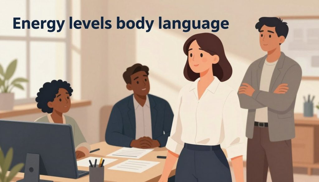 A visually engaging illustration of "energy levels body language," featuring a diverse group of three people in a professional setting. In the foreground, focus on one individual standing confidently with arms relaxed at their sides, exuding high energy. In the middle ground, depict another person sitting with their body slightly leaning forward, showing interest and engagement, while the third individual is off to the side, arms crossed, appearing reserved and low-energy. The background should include a softly lit office environment with warm tones, suggesting a collaborative atmosphere. Use natural light streaming through a window to create gentle shadows that enhance the mood. Capture the scene from a slightly elevated angle to provide a comprehensive view of their body language, ensuring all subjects are dressed in professional business attire to reflect a workplace context.