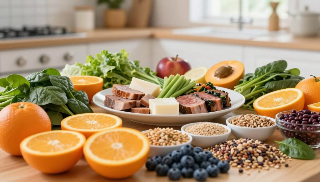 A visually striking composition showcasing a vibrant and well-organized table filled with a variety of healthy foods representing key nutrients. In the foreground, colorful fruits and vegetables like oranges, spinach, and blueberries symbolize vitamins and minerals, complemented by whole grains and legumes. In the middle ground, a plate with a balanced meal featuring lean proteins and healthy fats, arranged appealingly. The background includes a softly blurred kitchen setting with natural light streaming through a window, creating a warm and inviting atmosphere. The overall mood is one of health and vitality, illustrating the importance of nutrition in combating fatigue. Close-up angle to emphasize the textures and colors of the food, without any human subjects present.