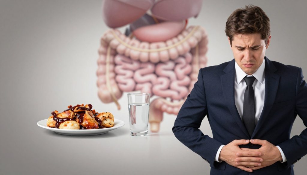 A visually striking representation of signs of poor digestion, featuring a split-screen design. The foreground depicts a concerned individual in professional attire, holding their stomach with a pained expression. The middle ground presents common symptoms: a bloated stomach, a plate of unhealthy, greasy food, and a glass of water beside it, symbolizing dehydration. The background showcases a subtle, abstract representation of the digestive system, with muted colors to enhance the focus on the signs of distress. Soft, diffused lighting casts gentle shadows, creating an atmosphere of concern and urgency. The angle is slightly elevated, ensuring clarity in the displayed symptoms while capturing the individual’s vulnerable emotion. The overall mood conveys a sense of awareness and the need for attention to health.