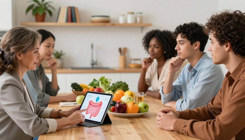 A well-lit, modern kitchen scene depicting a diverse group of people sitting around a table, engaged in a discussion about digestive health. In the foreground, a middle-aged woman in professional attire points to a colorful diagram of the digestive system on a tablet, while a young man in smart casual clothing nods thoughtfully. The middle layer shows healthy foods, like fruits and vegetables, arranged neatly on the table, emphasizing a connection to digestive wellness. The background includes shelves with health books and a potted plant, adding a welcoming atmosphere. The lighting is warm and inviting, creating a sense of openness and collaboration, with a slight depth of field effect to focus on the discussions in the foreground.